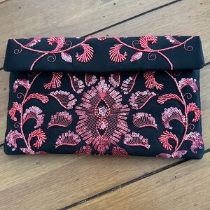 Lord & Taylor Black Satin Clutch with Red Beaded Embroidery